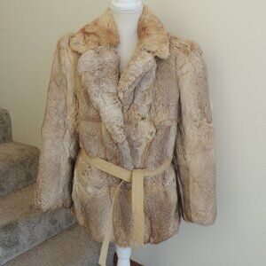 Vintage Camille Genuine Rabbit Fur Coat Belted Tan Brown Women’s M